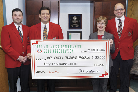 Members of the Italian American Charity Golf Association present a check in the amount of $50,000 to Betsy Wright, WCA Hospital president/CEO representing the proceeds from the Italian American’s 2015 fundraising activities and the first installment of a three-year, $150,000 pledge to enhance local cancer care at WCA Hospital through the purchase of the Carestream DRX-Ascend. From left: Dave Foti, committee member of the Italian American Charity Golf Association, Joe Paterniti, chair of the Italian American Charity Golf Association; Betsy Wright, WCA Hospital president/CEO; and Joe Calimeri, committee member of the Italian American Charity Golf Association. Submitted photo